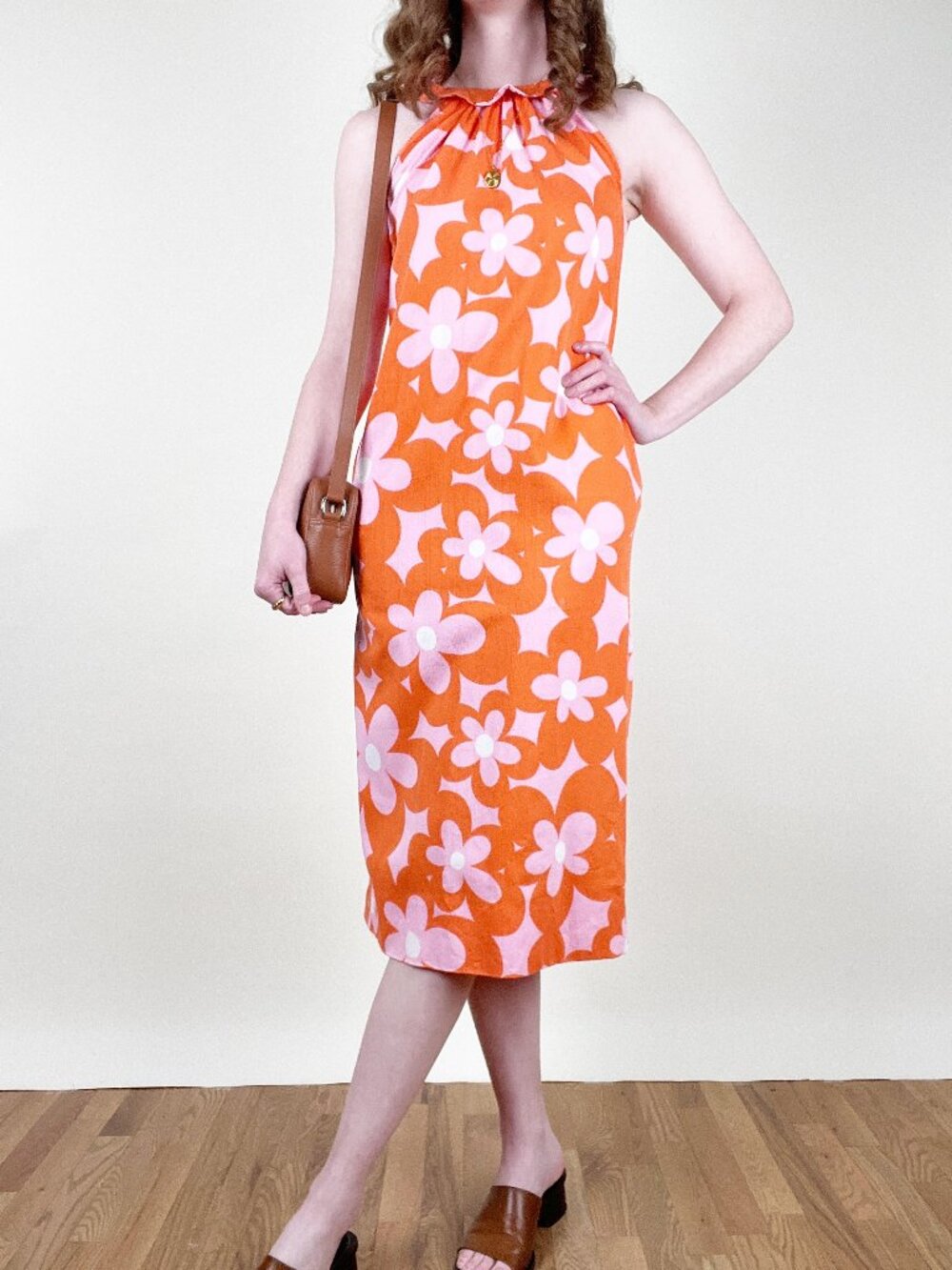 Vintage 60s 70s Mod Flower Power Print Midi Sun Dress Halter MCM 1960's 1970's - Picture 11 of 11